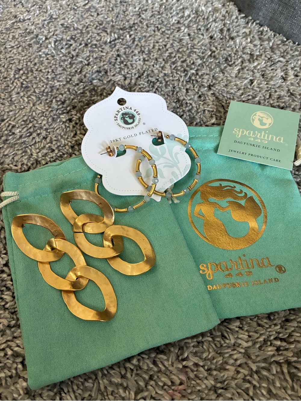 Spartina 449 Gold-Tone Linked Hoop Earrings with Mint Green Beads 2 for 1